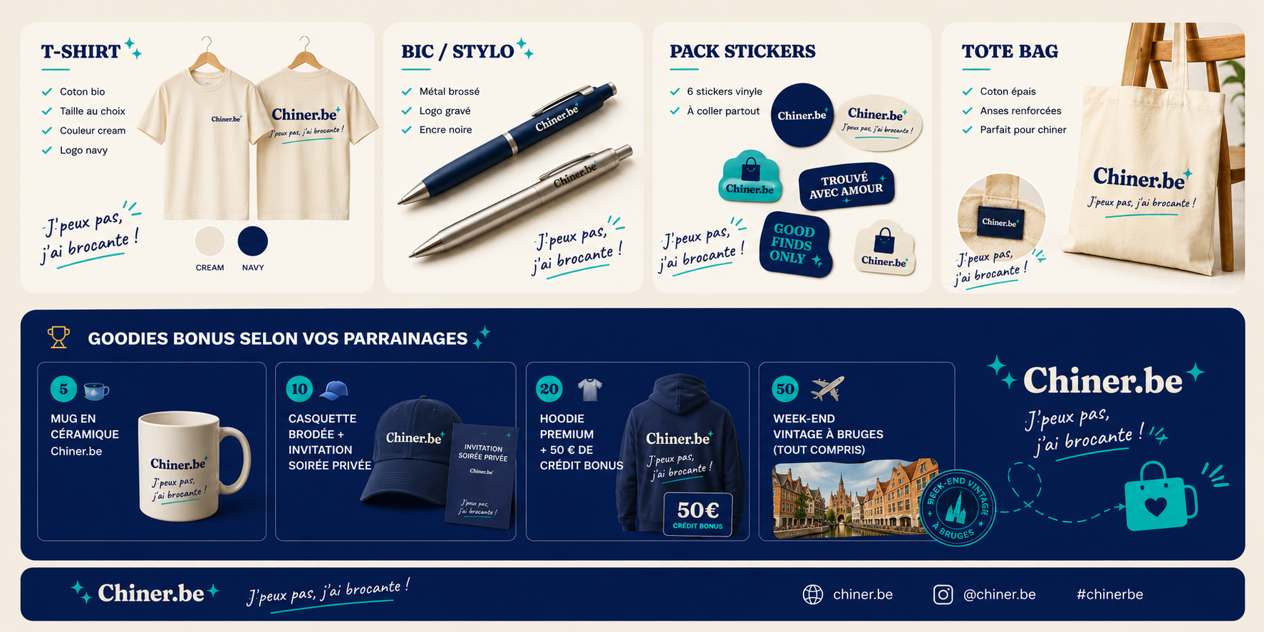 Pack goodies ambassadeur Chiner.be : T-shirt, stylo, stickers, tote bag + paliers bonus (mug 5 parrainages, casquette 10, hoodie 20, week-end Bruges 50)